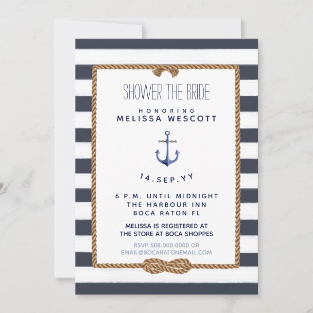 Invitation Rustique Marine bleu noeud nautique Douche de la m (Devant)