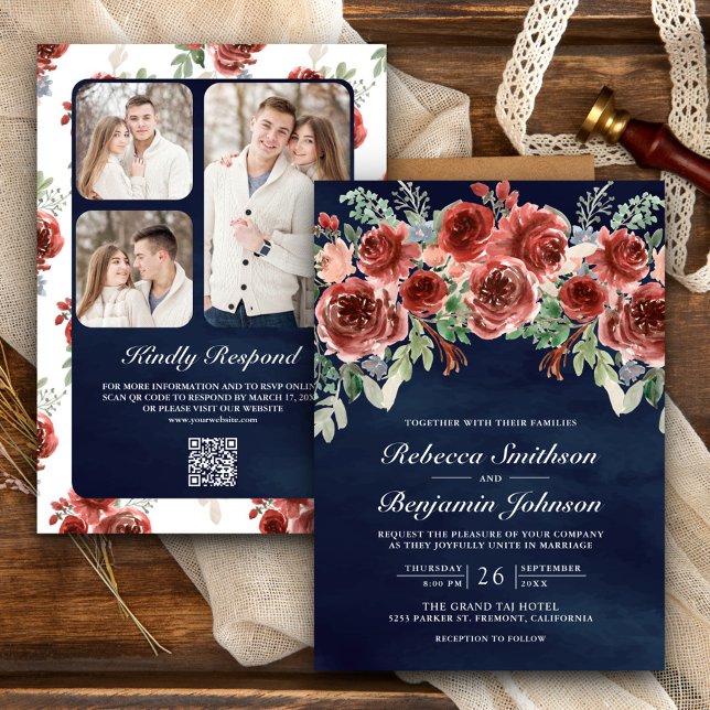 Invitation Rustique Marsala Floral Photo QR Code Marine Maria (Créateur téléchargé)