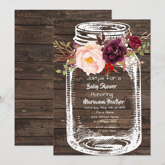 Invitation Rustique Mason Jar Boho Floral Marsala Baby shower (Devant / Derrière)
