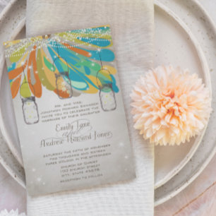 Invitation Rustique Mason Jar Jaune Orange Turquoise conte