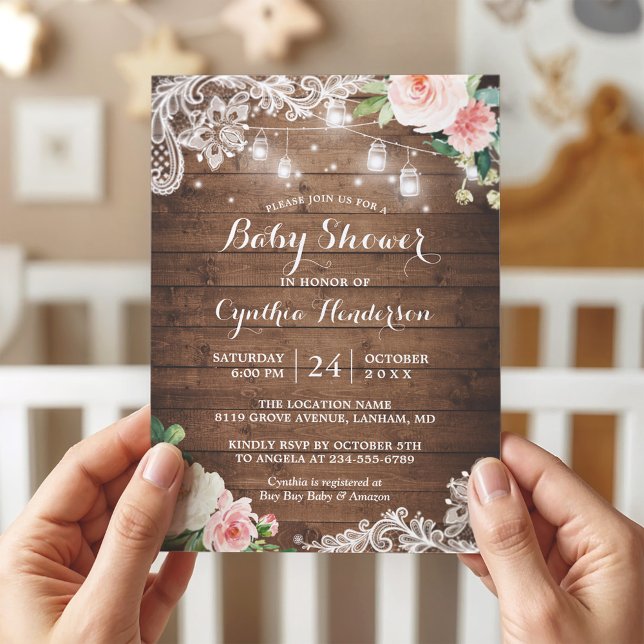 Invitation Rustique Mason Jar Lumières dentelle Baby shower F (Créateur téléchargé)