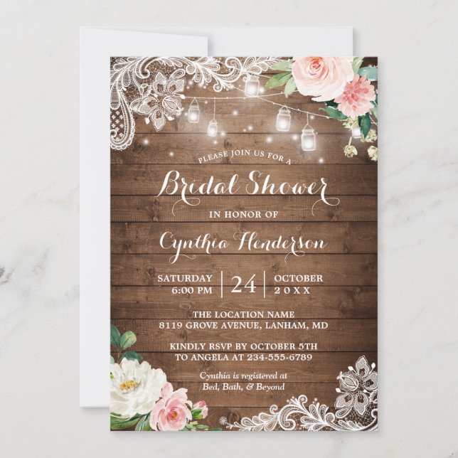 Invitation Rustique Mason Jar Lumières dentelle Fête des mari (Devant)