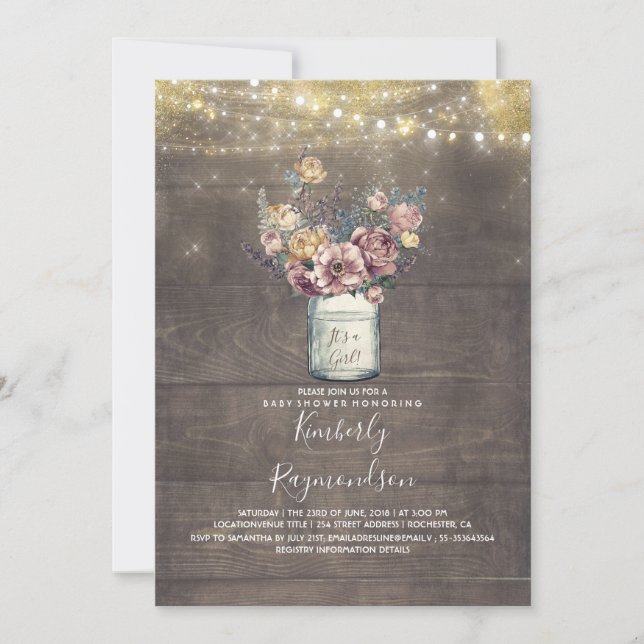 Invitation Rustique Mason Jar Mauve et Baby shower d'or (Devant)