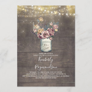 Invitation Rustique Mason Jar Mauve et Baby shower d'or