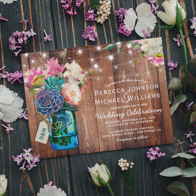 Invitation Rustique Mason Jar String éclaire le Mariage flora (Créateur téléchargé)