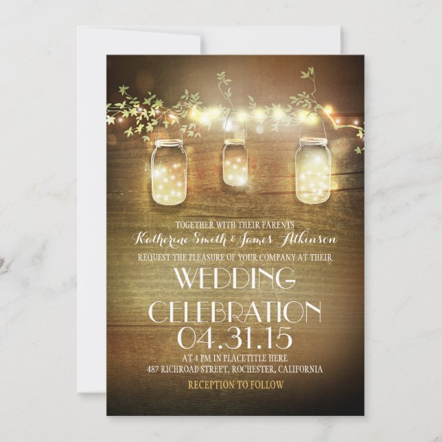 Invitation Rustique Mason Jars Éclairage à cordes Mariage élé (Devant)