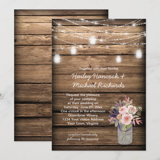 Invitation Rustique Mason Jars illumine Fleur sauvage Barne M (Devant / Derrière)