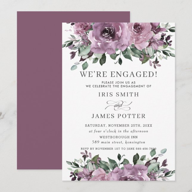 Invitation Rustique Mauve Plum violet Floral (Devant / Derrière)