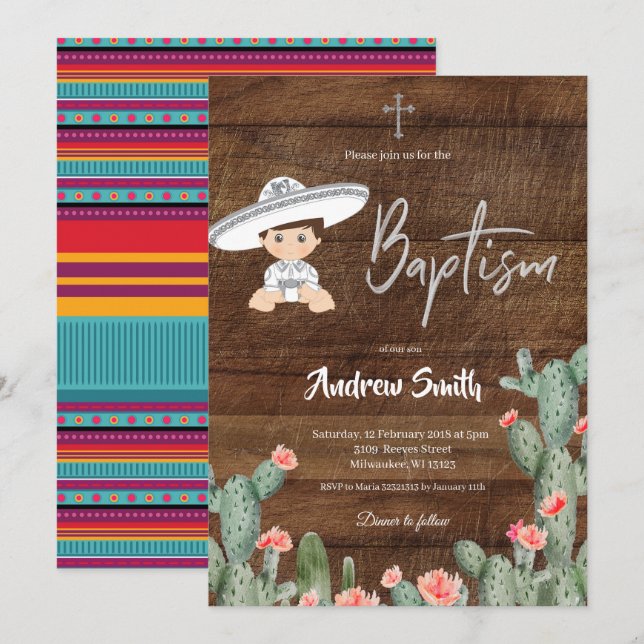 Invitation Rustique Mexicain Argent Charro Baptême garçon (Devant / Derrière)