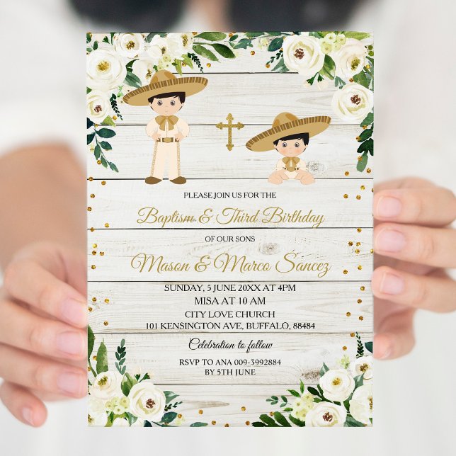 Invitation Rustique Mexicain Twin Boy Baptême et troisième an (Créateur téléchargé)