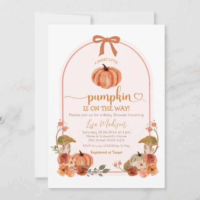Invitation Rustique mignon Bow Petit Baby shower Citrouille (Devant)