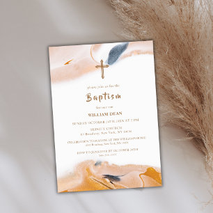 Invitation Rustique moderne Abstraite aquarelle Croix Baptême