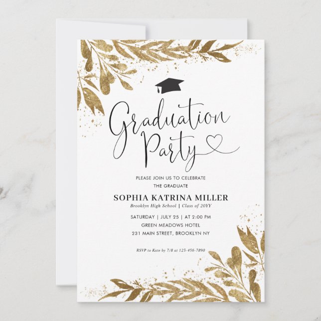 Invitation Rustique Moderne Gold Floral Sparkle Graduation (Devant)