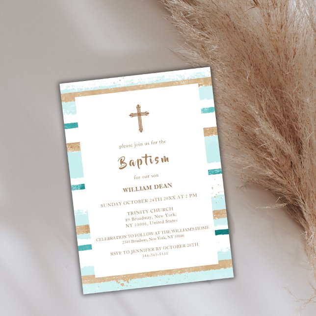 Invitation Rustique moderne Gold Stripe Cross Boy Baptême gar (Rustic Modern Gold Stripe Cross Boy Baptism Invitation)