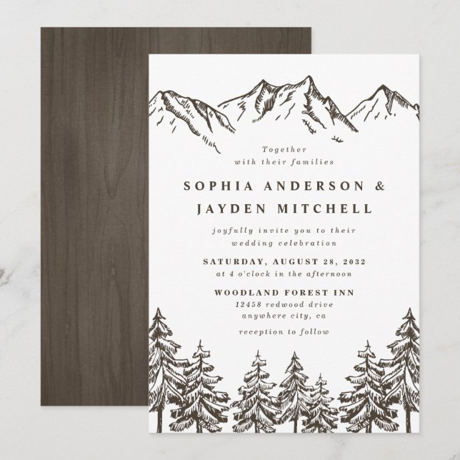 Invitation Rustique Mountain Elegant Mariage d'aquarelle pin (Devant / Derrière)