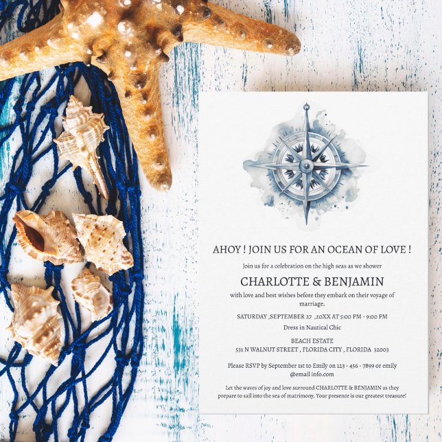Invitation Rustique Nautique Compass Beach Couple Douche (Créateur téléchargé)
