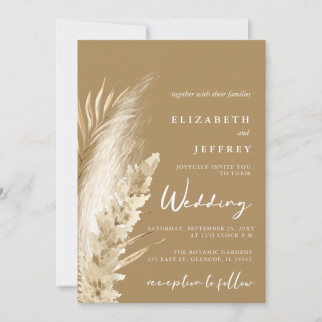 Invitation Rustique Neutre Terre Boho Pampas Mariage herbe (Devant)