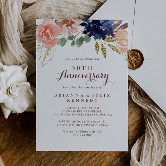 Invitation Rustique or calligraphié 50e anniversaire de maria (Créateur téléchargé)