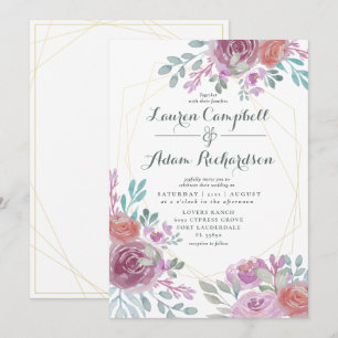 Invitation Rustique or géométrique Bourgogne floral