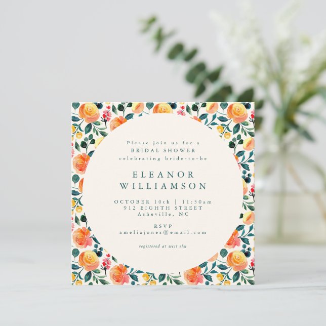Invitation Rustique Orange Aquarelle Floral Douche Carré (Debout devant)