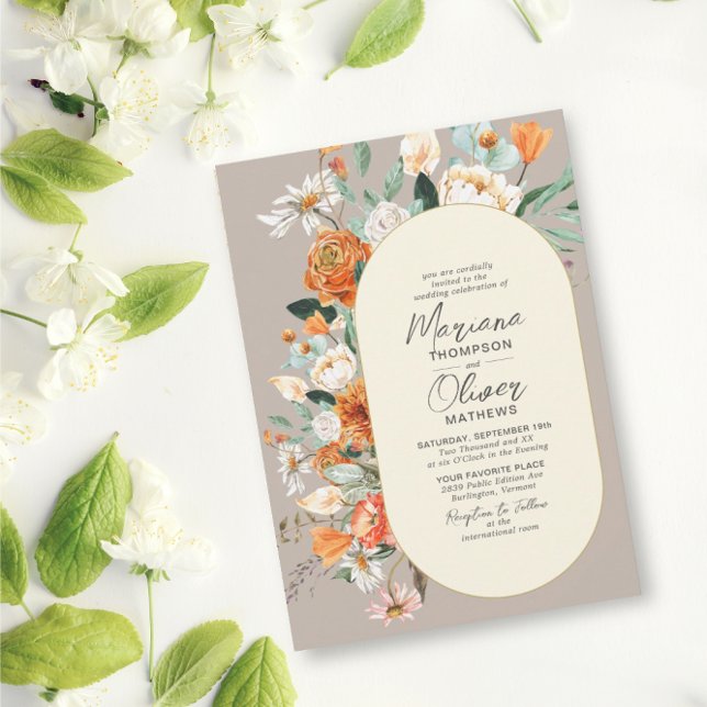 Invitation Rustique Orange Florals Double Arc Taupe Mariage (Beatutiflful taupe background that makes the flowers pop.)