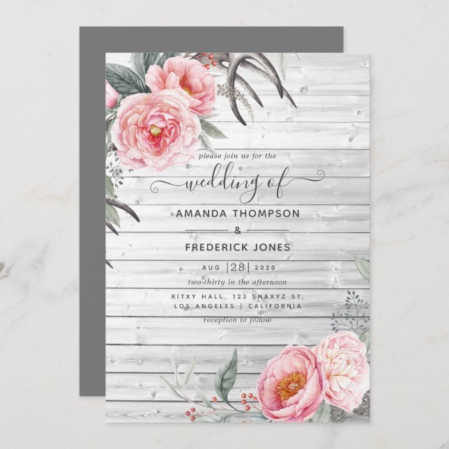 Invitation Rustique Pastel rose et gris Boho Mariage Floral (Devant / Derrière)