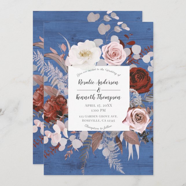 Invitation Rustique Pays Bleu Bois Floral Mariage (Devant / Derrière)