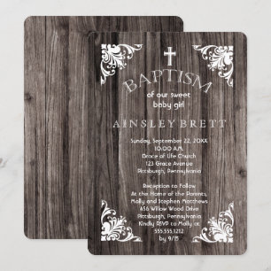 Invitation Rustique Pays Bois Bébé Fille Baptême