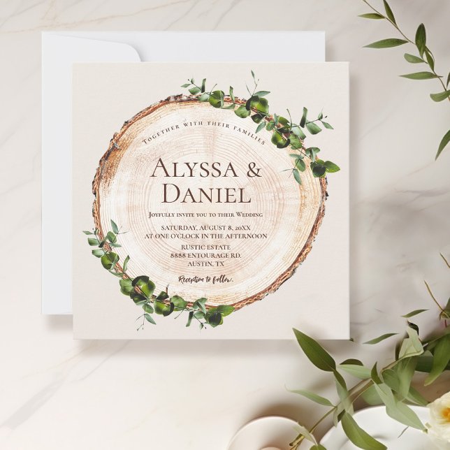 Invitation Rustique Pays Bois écorce Vert Botanique Personnal (Green leaves on Wood cut slice, rustic wedding invitation)