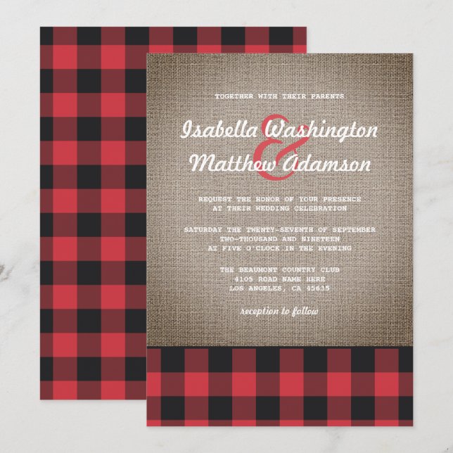 Invitation Rustique Pays Buffalo Plaid & Burlap Mariage (Devant / Derrière)