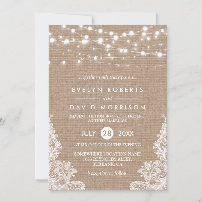 Invitation Rustique Pays Burlap String Lights Mariage dentell (Devant)