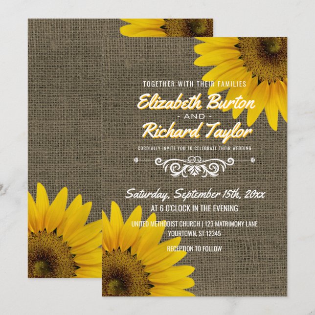 Invitation Rustique Pays Burlap Sunflowers Mariage (Devant / Derrière)