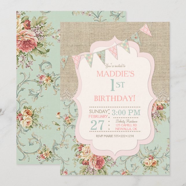 Invitation Rustique Pays Chic Burlap Dentelle Shabby Floral (Devant / Derrière)