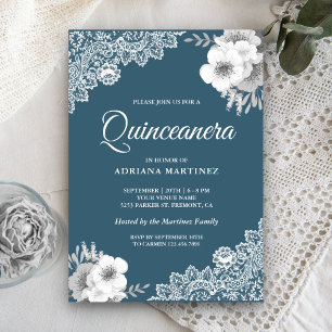 Invitation Rustique Pays Dusty Blue Floral dentelle Quinceane