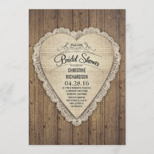 Invitation rustique pays en bois dentelle & burlap douche nup