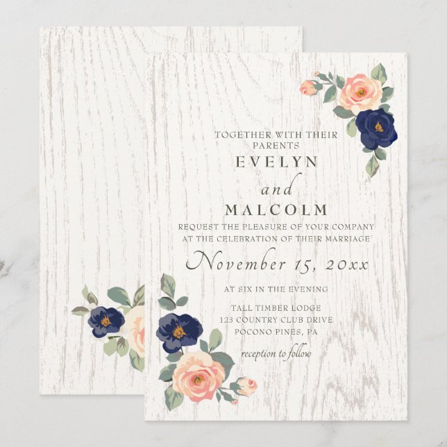 Invitation Rustique Pays Marine Bleu et Pêcher Floral Mariage (Devant / Derrière)