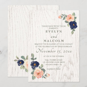 Invitation Rustique Pays Marine Bleu et Pêcher Floral Mariage