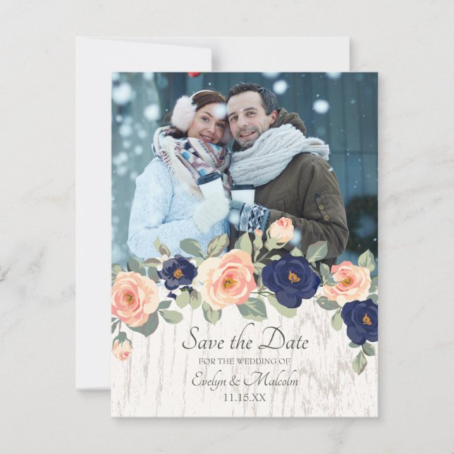 Invitation Rustique Pays Marine Bleu et Pêcher Floral Mariage (Devant)