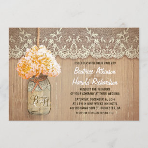 Invitation rustique pays mason jar pêche hydrangea mariage