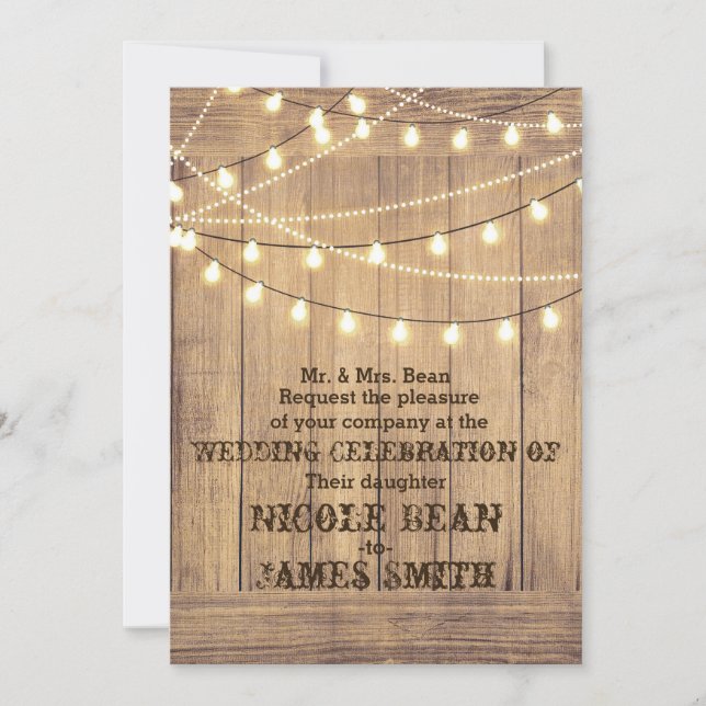 Invitation Rustique Pays Ouest Mariage de bois & lumières (Devant)
