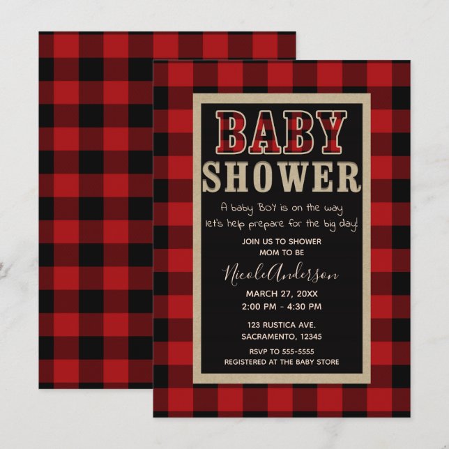 Invitation Rustique Pays Rouge noir Buffle Plaid Baby shower (Devant / Derrière)