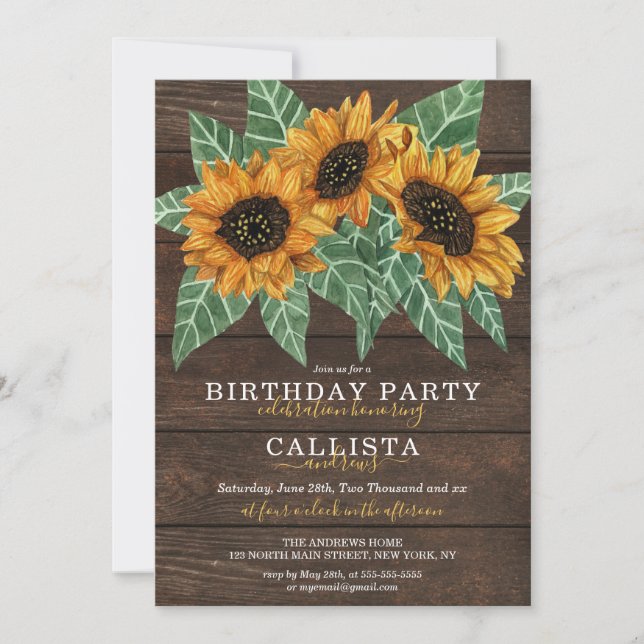 Invitation Rustique Pays Tournesol Bois Aquarelle Anniversair (Devant)