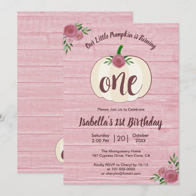 Invitation Rustique Petite fille Citrouille rose 1er annivers (Devant / Derrière)