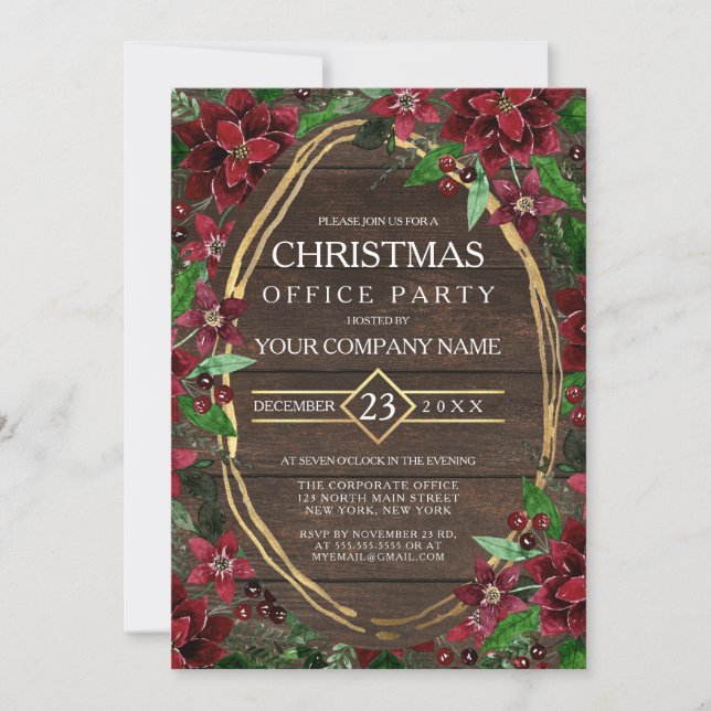 Invitation Rustique Poinsettia Floral Bois Entreprise Noël (Devant)