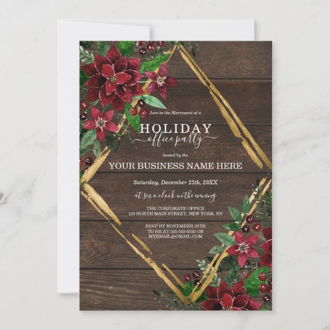 Invitation Rustique Poinsettia Floral Bois Fête Entreprise (Devant)