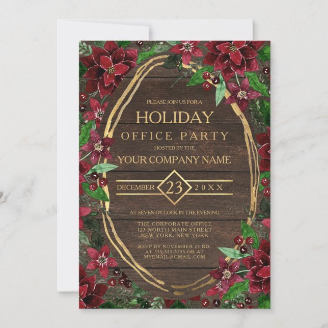 Invitation Rustique Poinsettia Floral Bois Fête Entreprise (Devant)