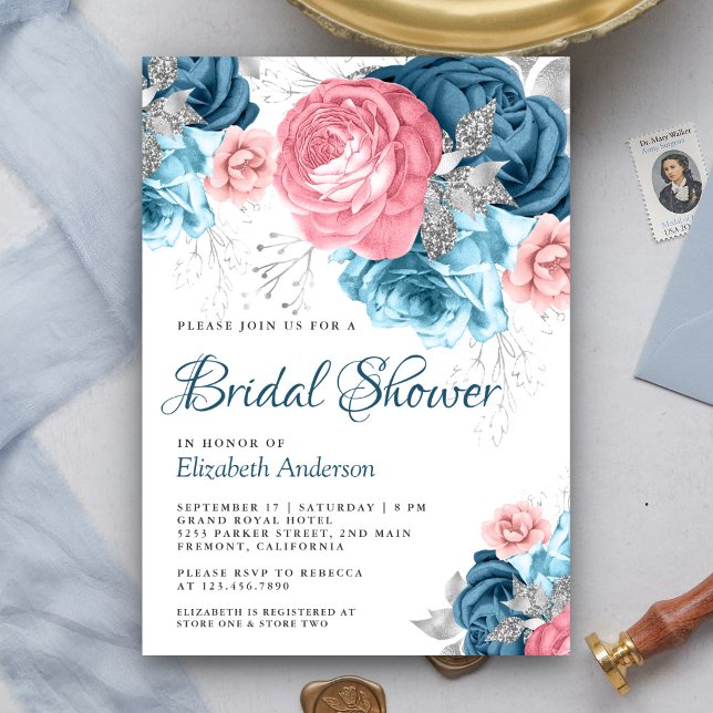 Invitation Rustique poussiéreux bleu rose floral rose mariage (Créateur téléchargé)