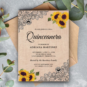 Invitation Rustique Quinceanera Tournesol en Dentelle Noire s