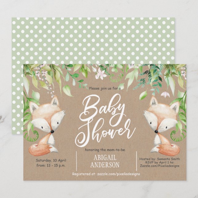 Invitation Rustique, renard des bois, verdure, baby Boy Showe (Devant / Derrière)