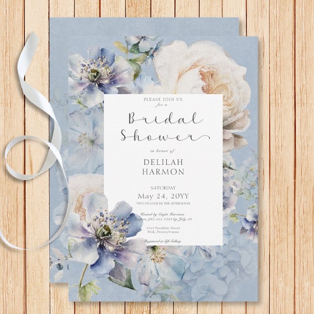 Invitation Rustique Romantique Bleu & Blanc Fête des mariées  (Rustic Romantic Blue & White Floral Bridal Shower Invitation)